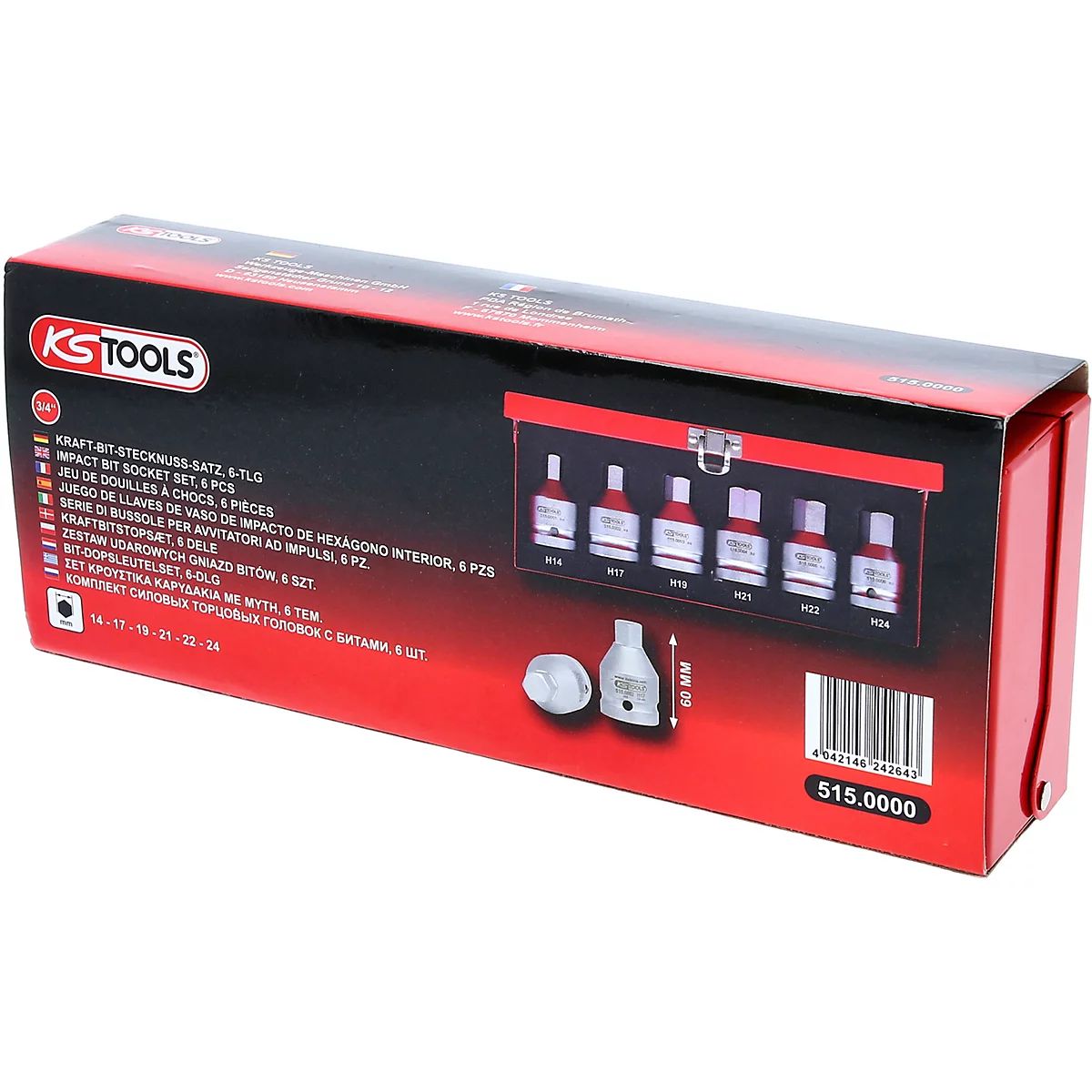 Eine rote Werkzeugbox mit KS TOOLS-Logo. Aufgedruckt sind Produktinformationen und eine Abbildung von Schraubenschlüsseln. Rechts ist die Artikelnummer "515.0000" zu sehen.